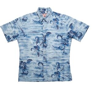 RJC Hawaiian Aloha Shirt Men's Medium Made in Hawaii Blue Floral Short Sleeve